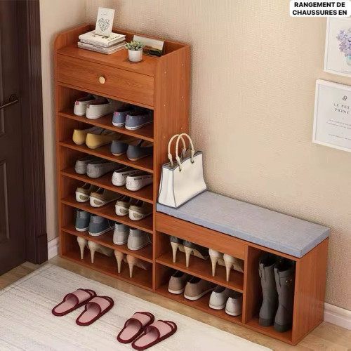Rangement chaussures en bois avec pouf - marron