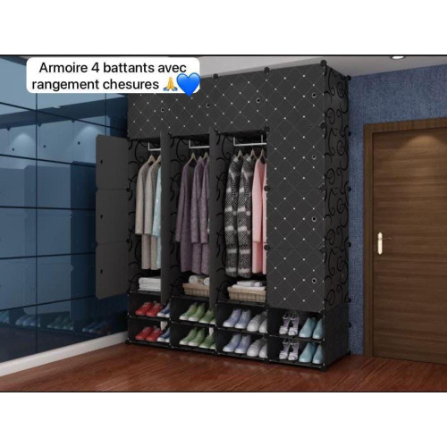 Armoire 4 battants noir avec double range chaussure